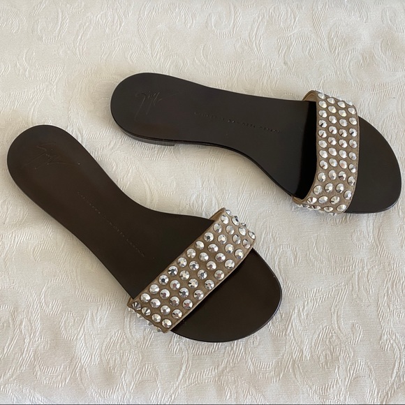 Giuseppe Zanotti Crystal Embellished Metallic Silver slide sandals - Picture 1 of 7